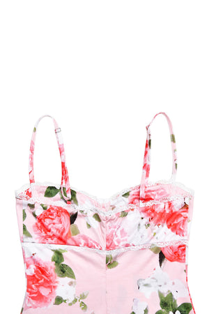 Arolora Pink Floral Print LaceWork Slit Cami Dress