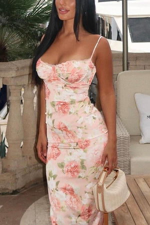 Arolora Pink Floral Print LaceWork Slit Cami Dress