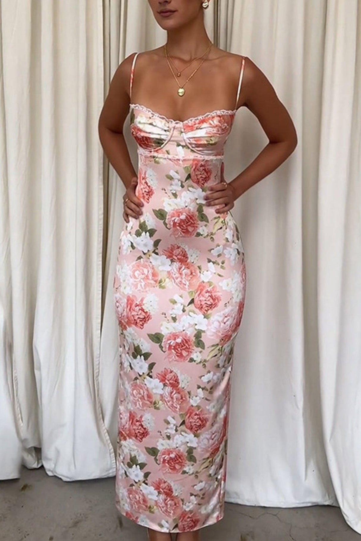 Arolora Pink Floral Print LaceWork Slit Cami Dress