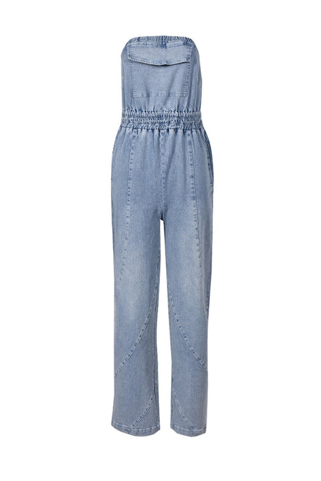 Arolora strapless-elastic-waist-denim-jumpsuits