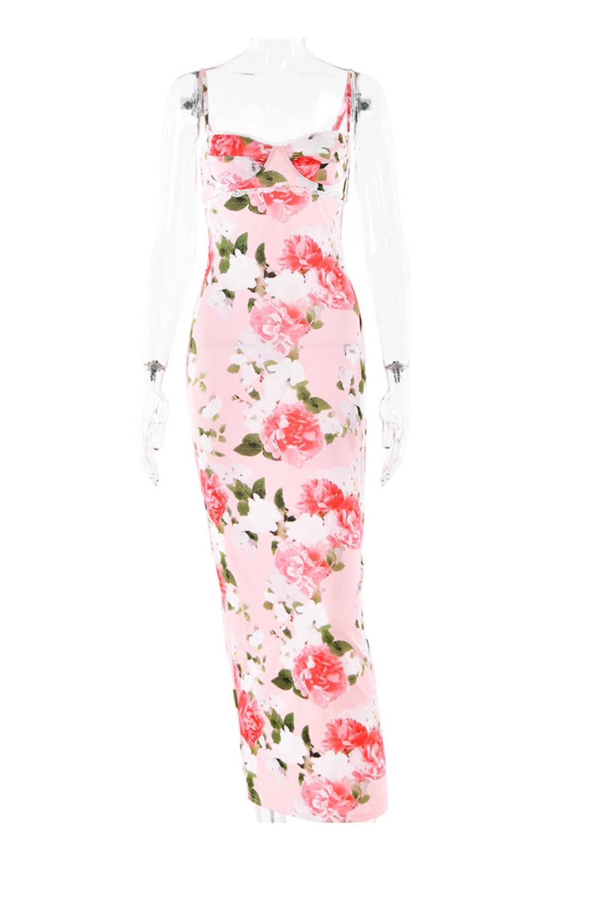 Arolora Pink Floral Print LaceWork Slit Cami Dress