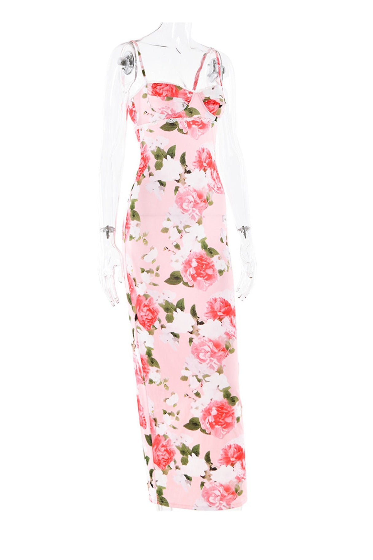 Arolora Pink Floral Print LaceWork Slit Cami Dress