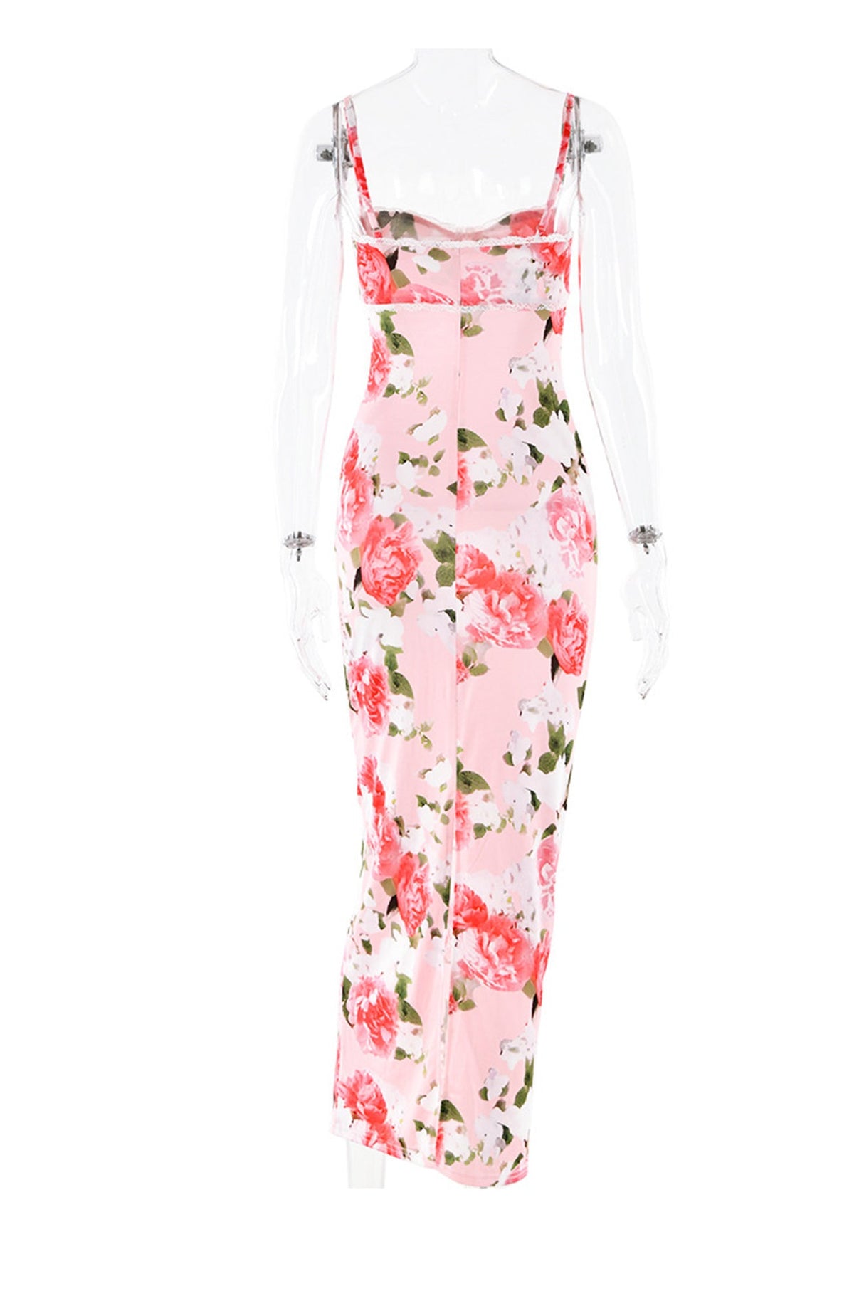 Arolora Pink Floral Print LaceWork Slit Cami Dress
