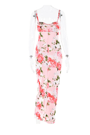 Arolora Pink Floral Print LaceWork Slit Cami Dress