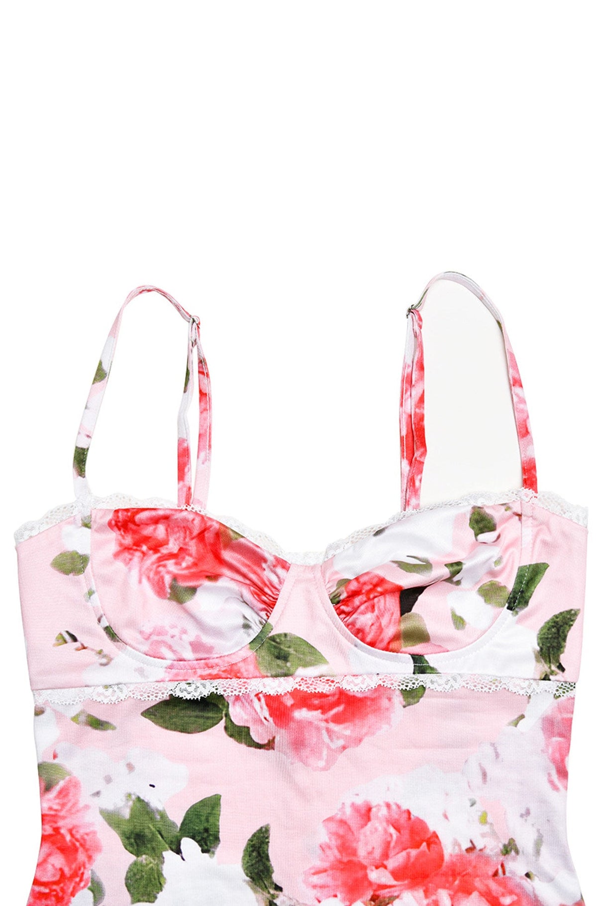Arolora Pink Floral Print LaceWork Slit Cami Dress