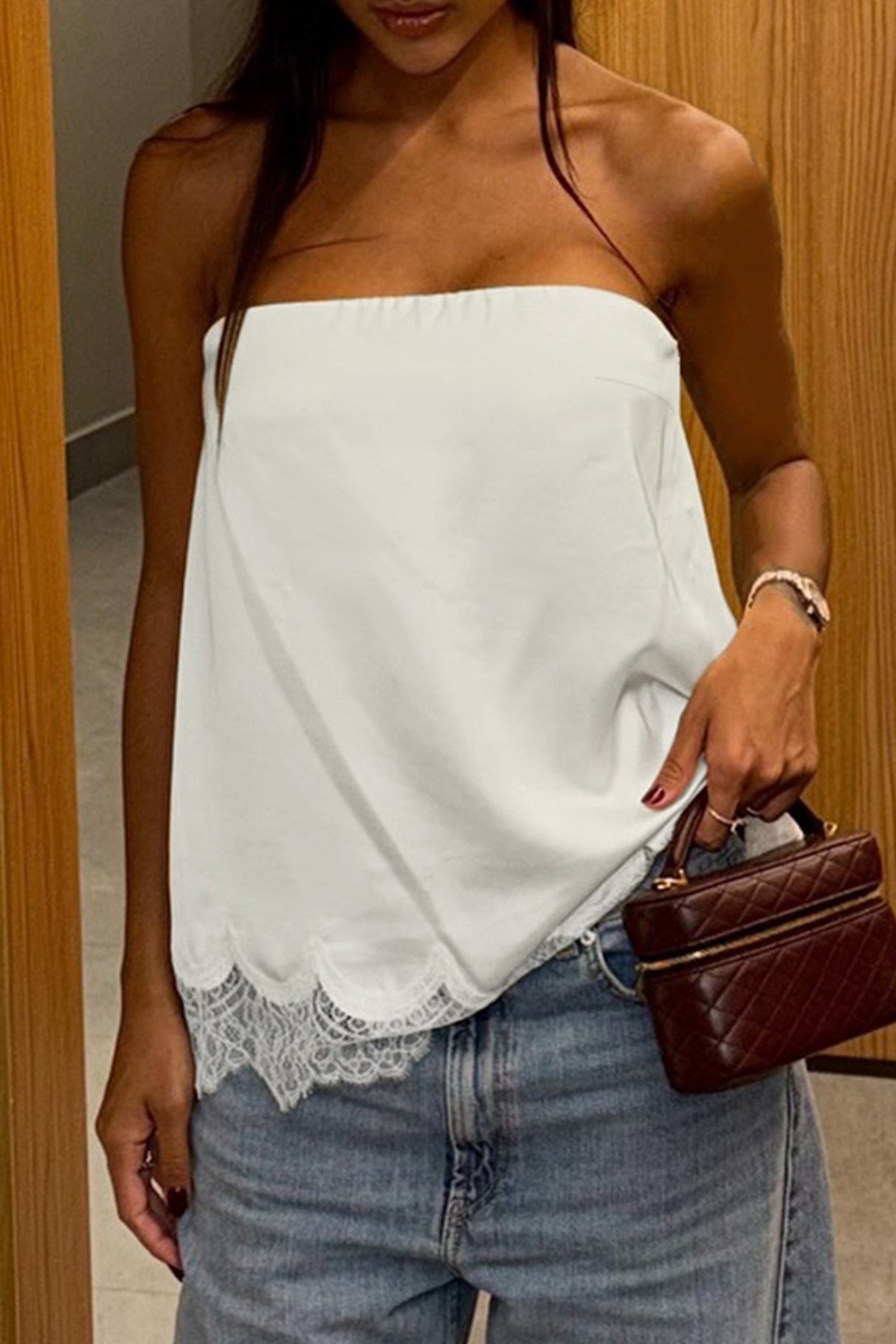 Lace Hem Satin Strapless Tops