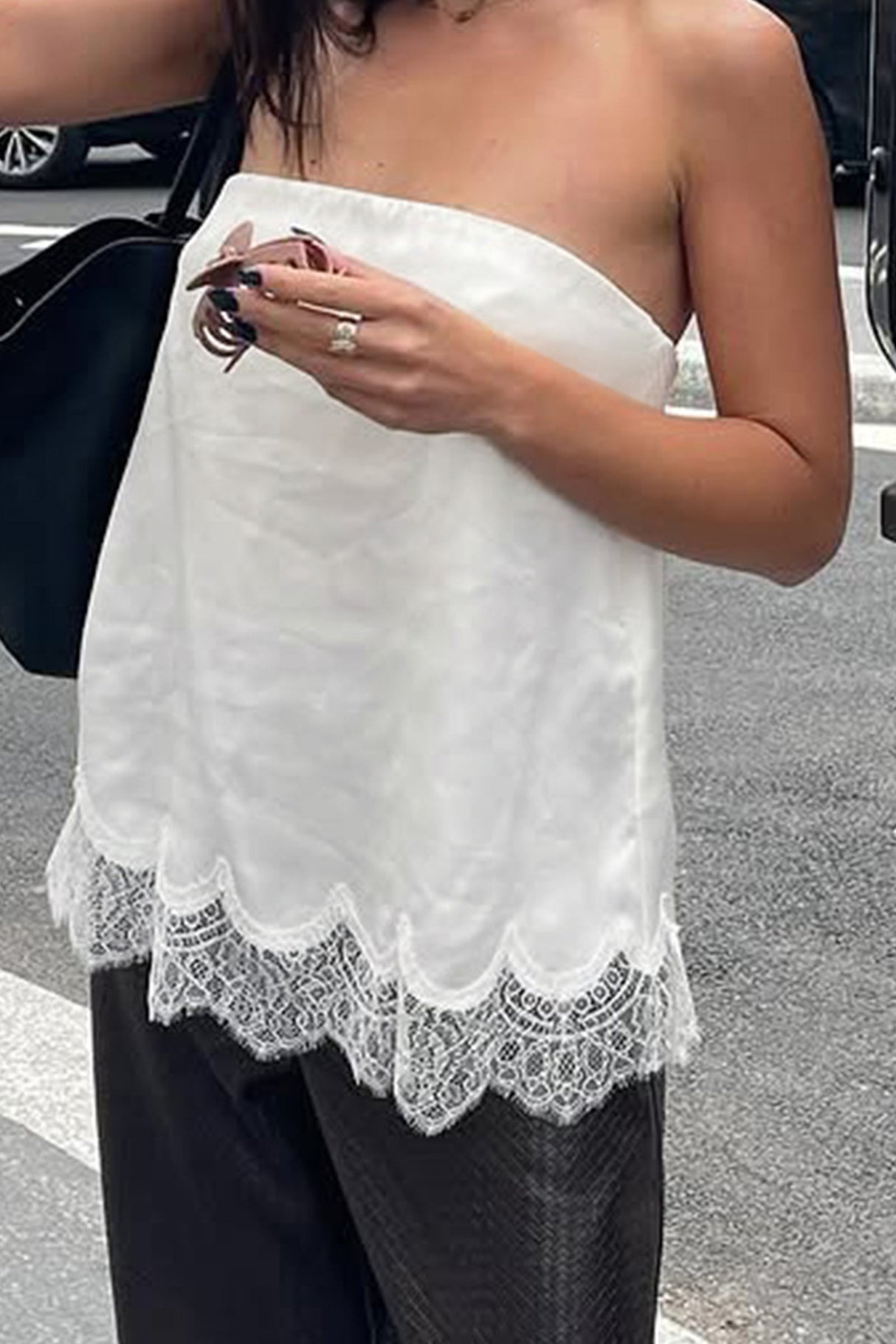 Lace Hem Satin Strapless Tops