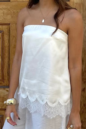 Lace Hem Satin Strapless Tops