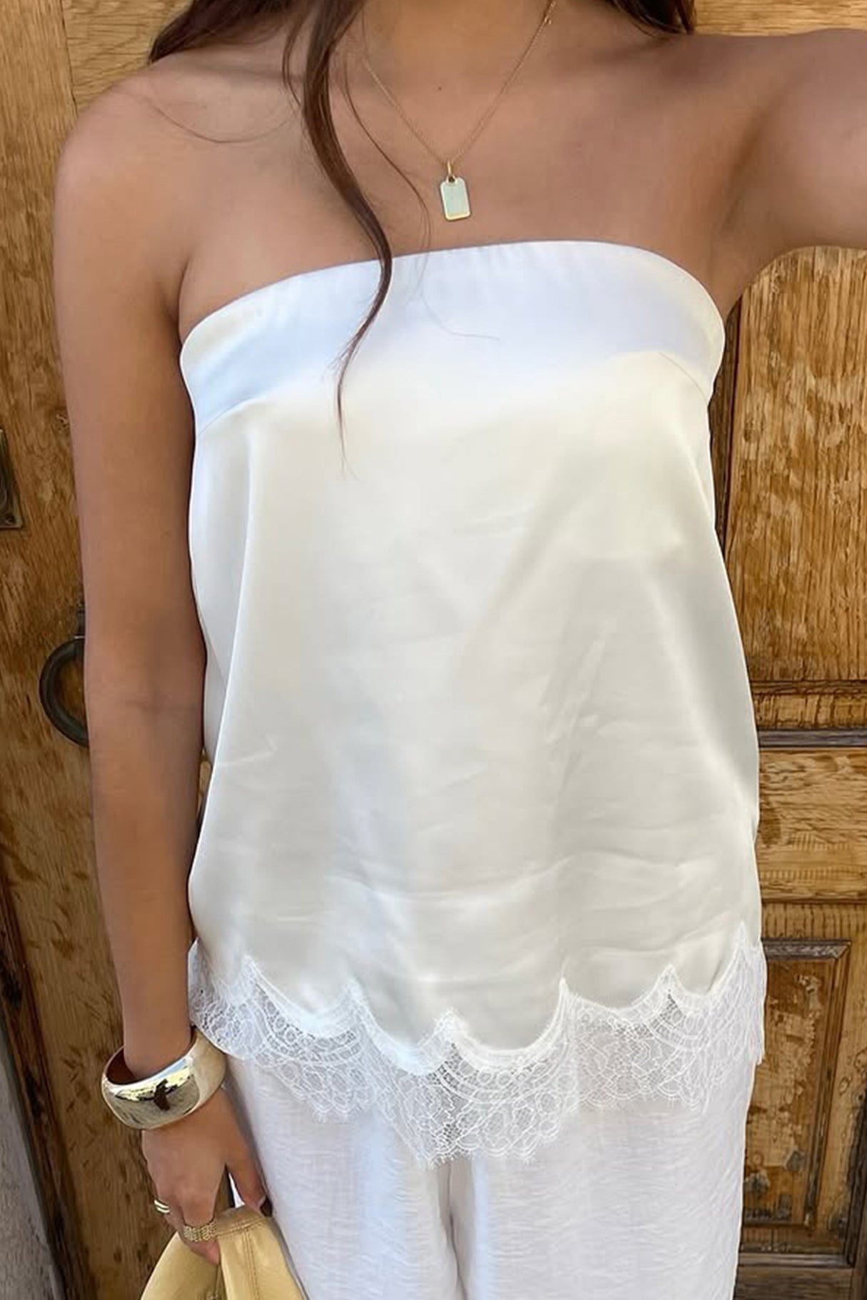 Lace Hem Satin Strapless Tops