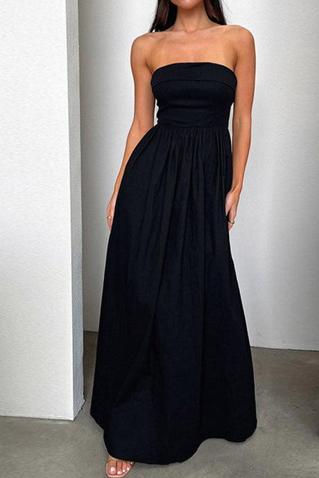 Arolora strapless-pleated-back-shirred-maxi-dress
