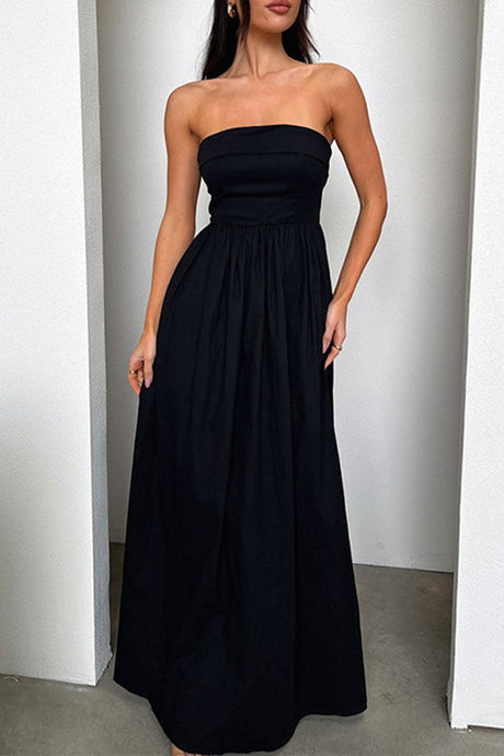 Arolora strapless-pleated-back-shirred-maxi-dress