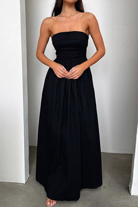 Arolora strapless-pleated-back-shirred-maxi-dress