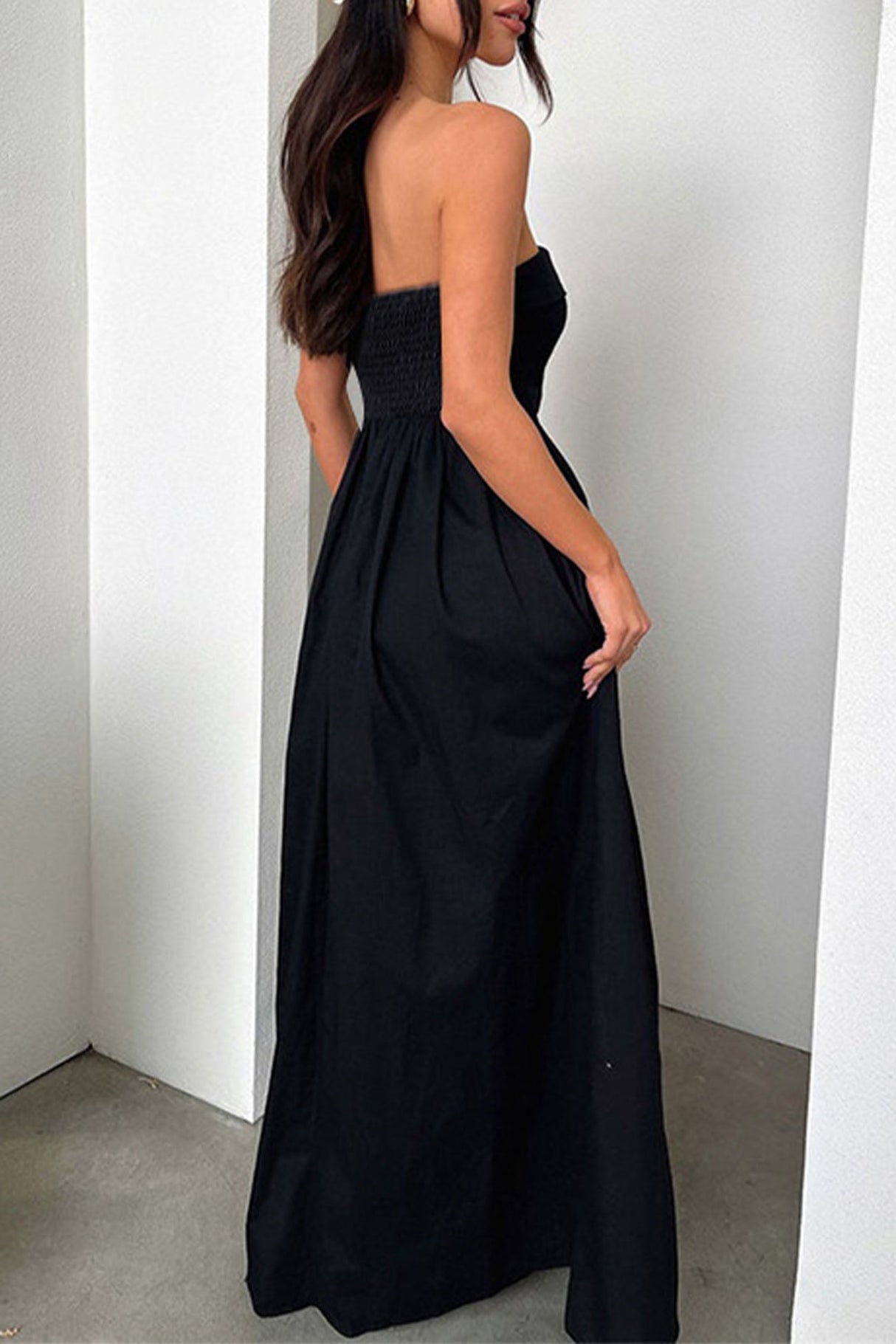 Arolora strapless-pleated-back-shirred-maxi-dress