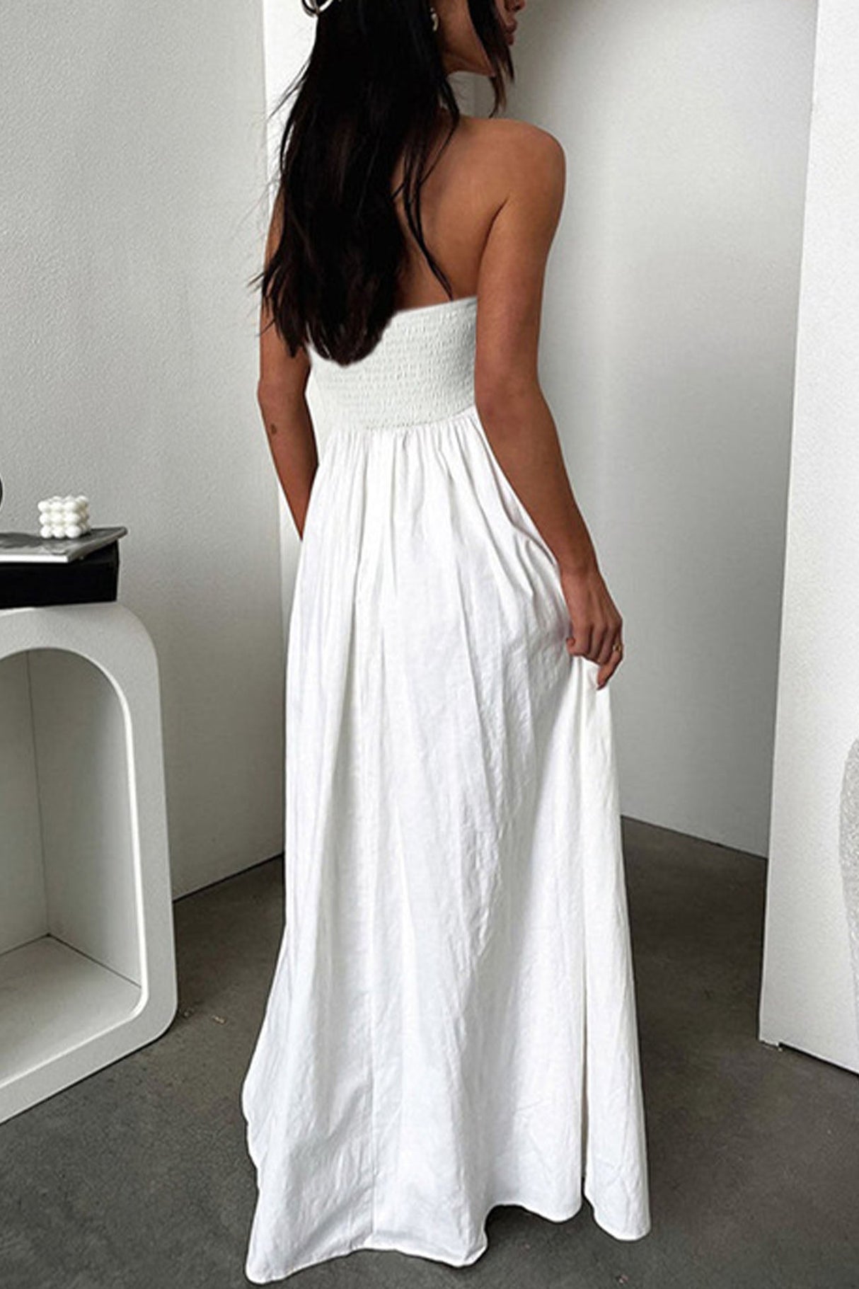 Arolora strapless-pleated-back-shirred-maxi-dress
