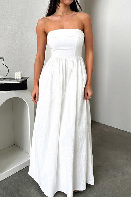 Arolora strapless-pleated-back-shirred-maxi-dress