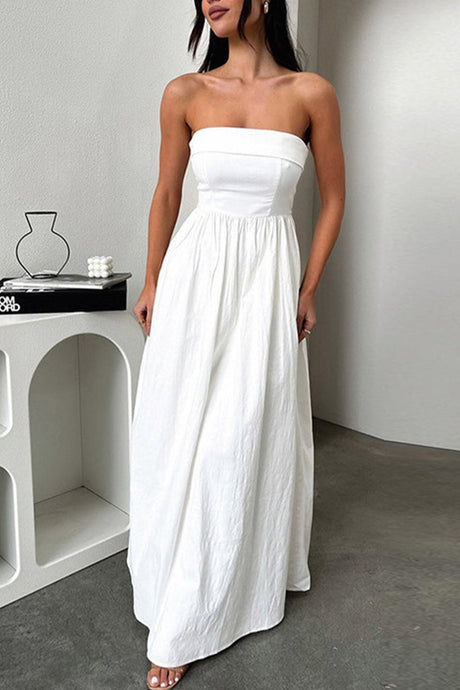 Arolora strapless-pleated-back-shirred-maxi-dress