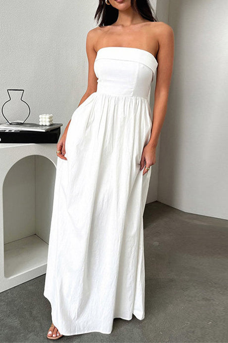 Arolora strapless-pleated-back-shirred-maxi-dress