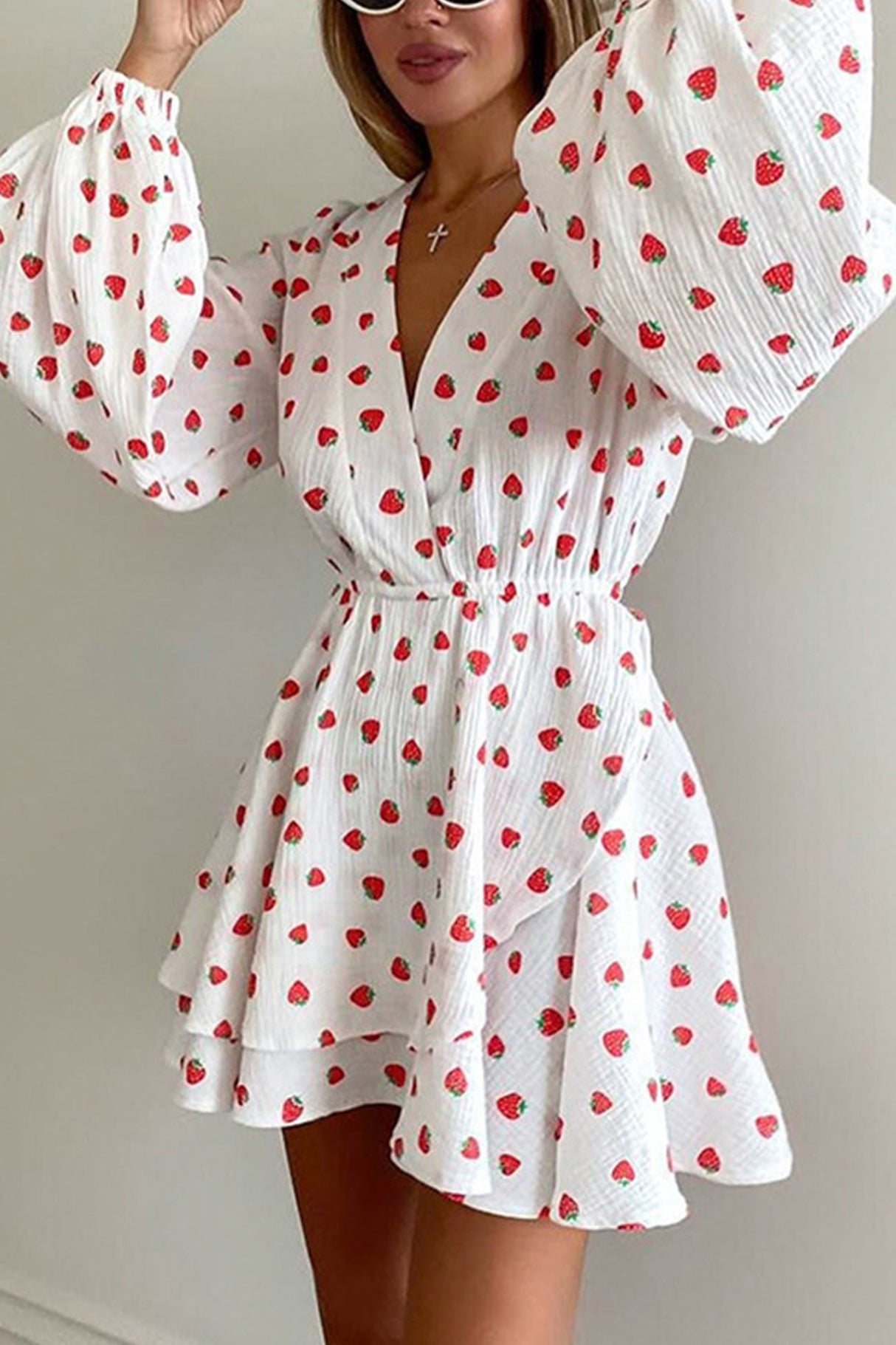 Arolora strawberry-print-puff-sleeve-cotton-dress