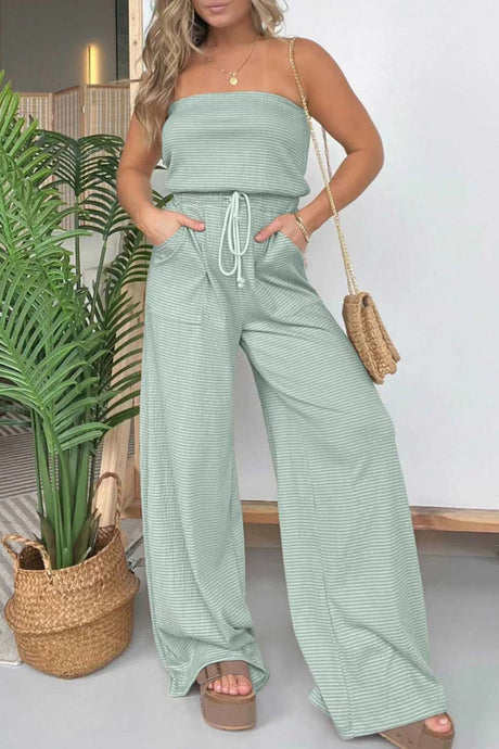 Stripe Strapless Drawstring Jumpsuits