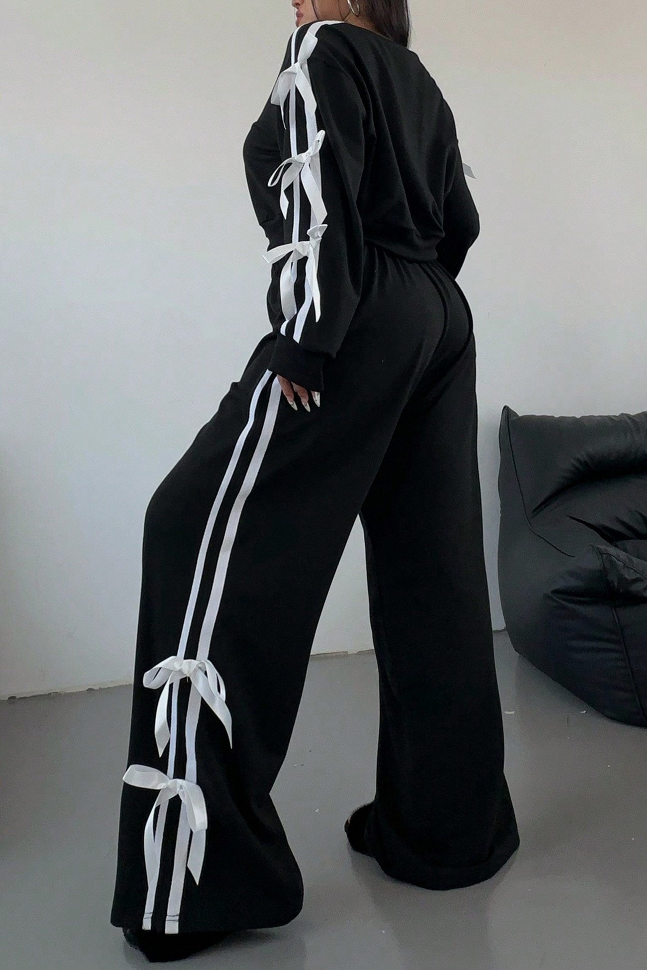 Arolora Striped Bow Tie Sleeve Hoodie Suits
