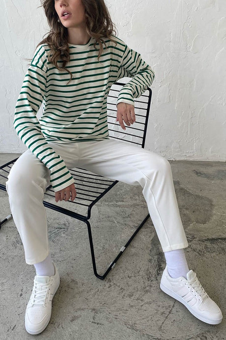 Arolora striped-crew-neck-long-sleeve-cotton-t-shirt
