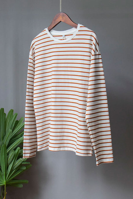 Arolora striped-crew-neck-long-sleeve-cotton-t-shirt