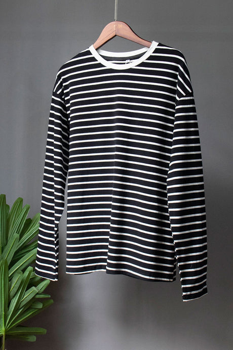 Arolora striped-crew-neck-long-sleeve-cotton-t-shirt