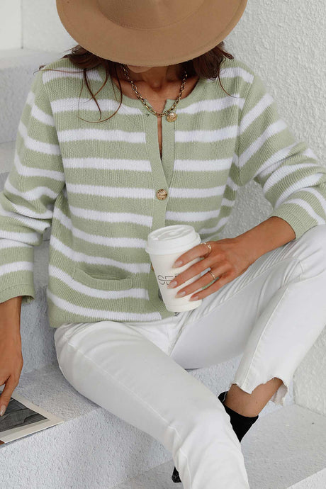 Arolora striped-front-with-pocket-cardigan