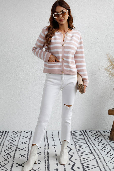 Arolora striped-front-with-pocket-cardigan