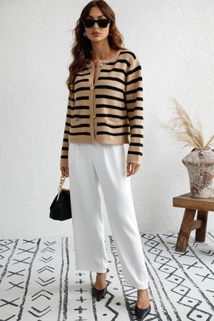 Arolora striped-front-with-pocket-cardigan