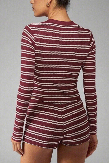 Striped Long Sleeve Cropped Top Two-piece Shorts Sets