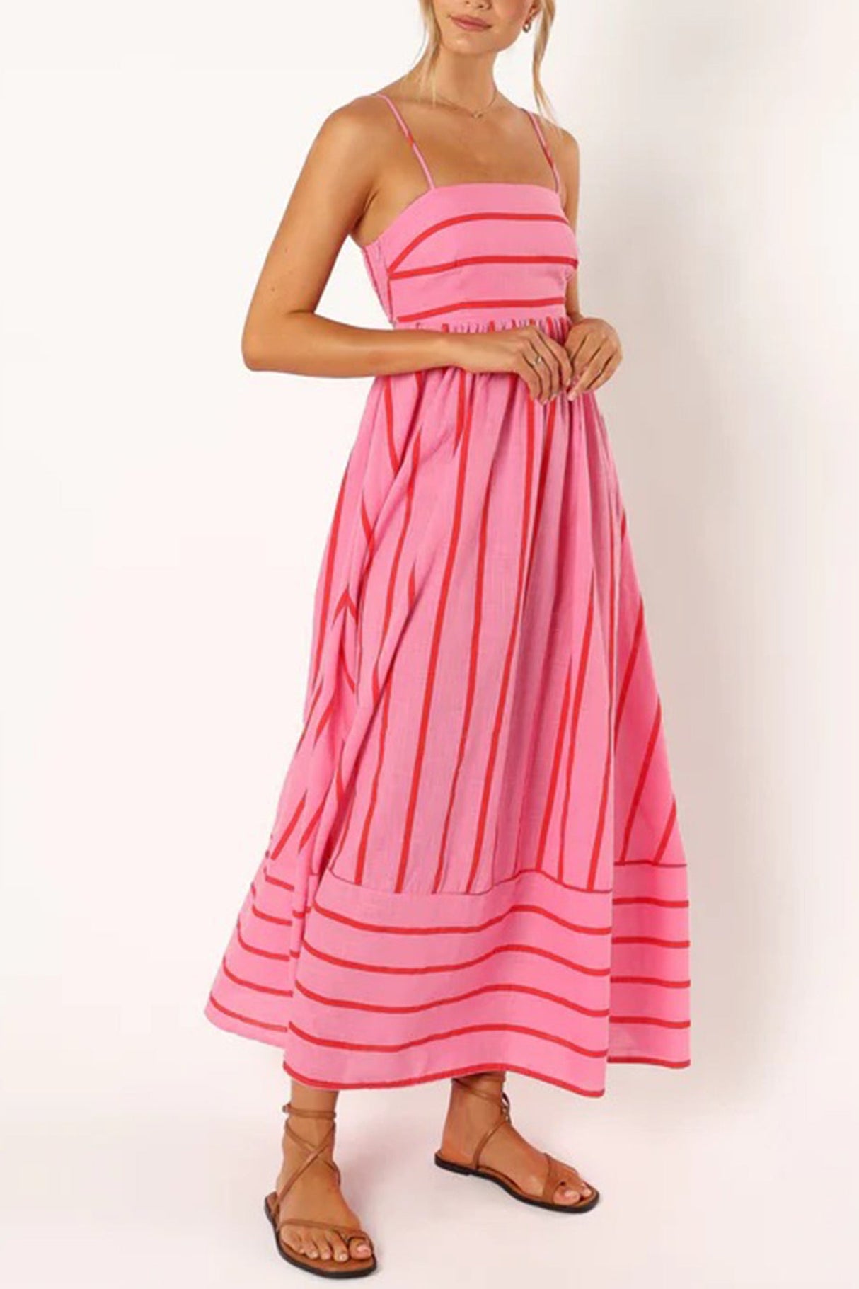 Arolora striped-smocked-cutout-cami-dress