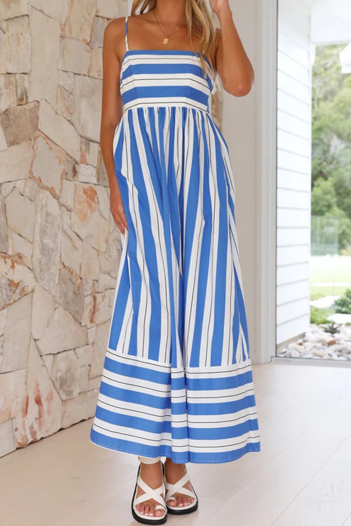 Arolora striped-smocked-cutout-cami-dress