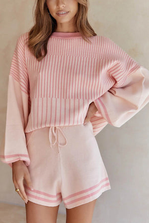 Striped Sweater Knit Shorts Set