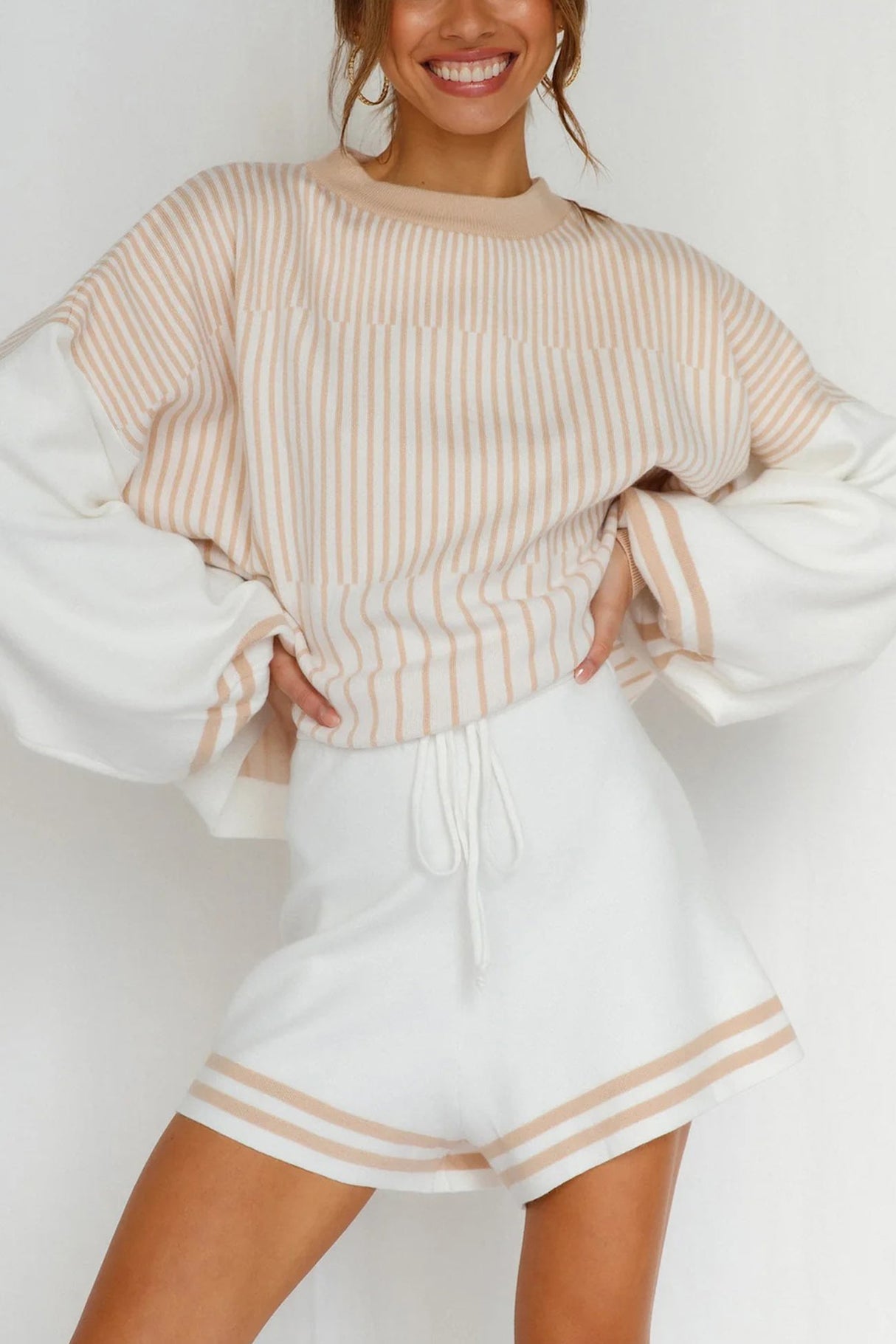 Striped Sweater Knit Shorts Set