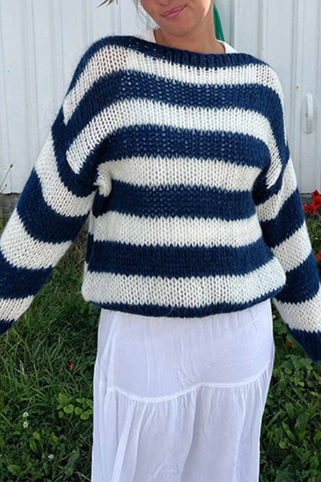 Arolora striped-drop-shoulder-long-sleeve-knit-sweater