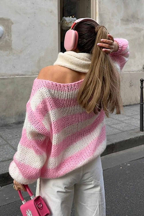Arolora striped-drop-shoulder-long-sleeve-knit-sweater