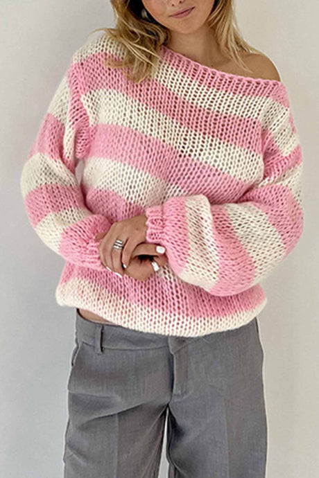 Arolora striped-drop-shoulder-long-sleeve-knit-sweater