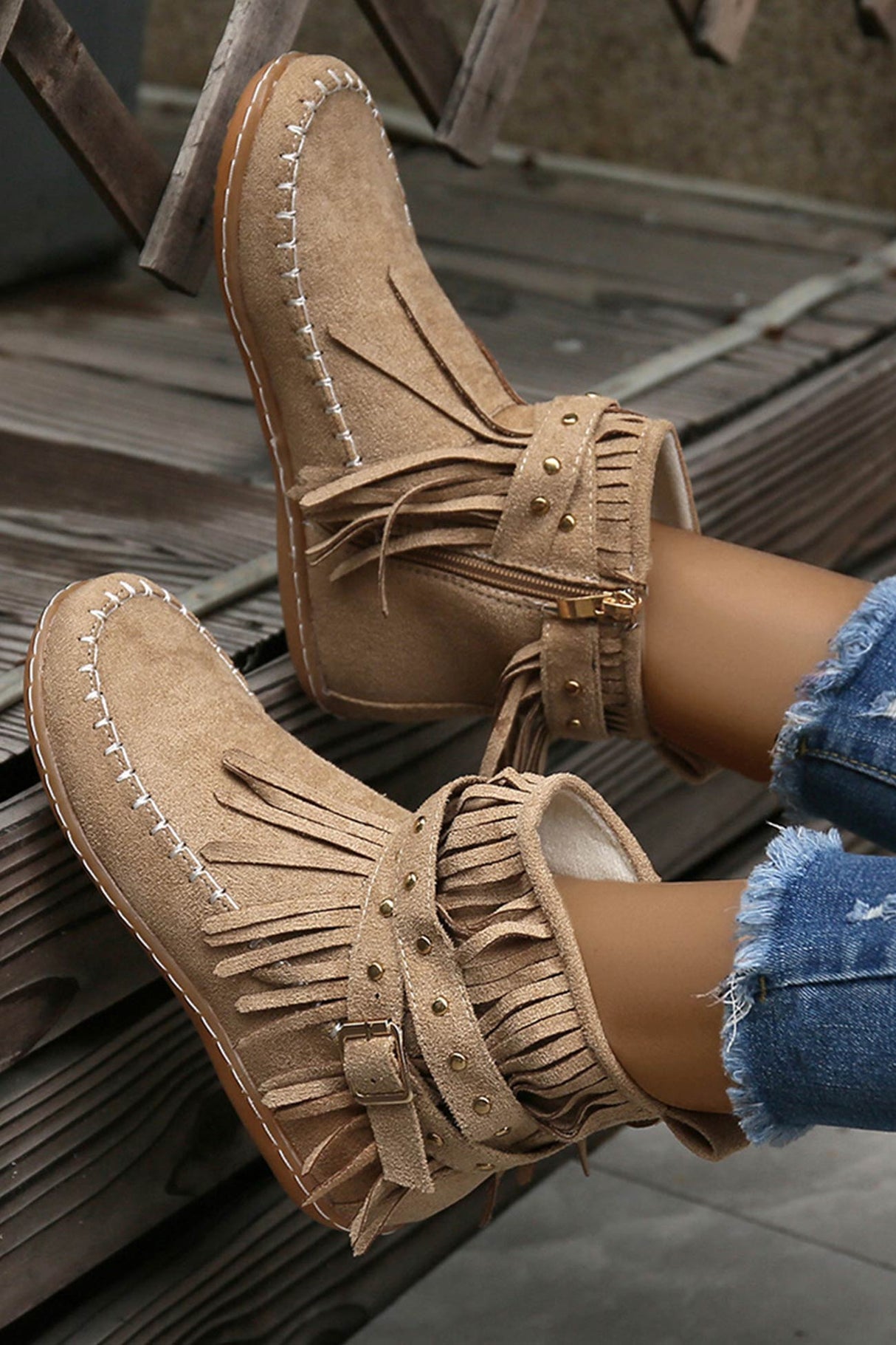 Arolora Tassel Rivet Buckle Ankle Boots