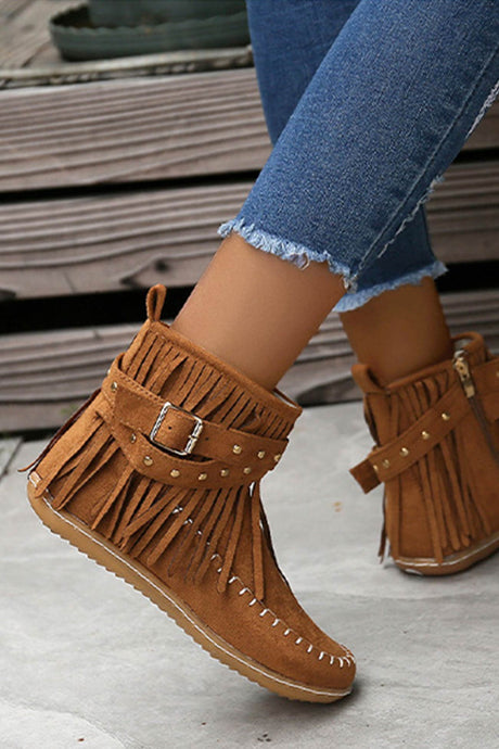 Arolora Tassel Rivet Buckle Ankle Boots