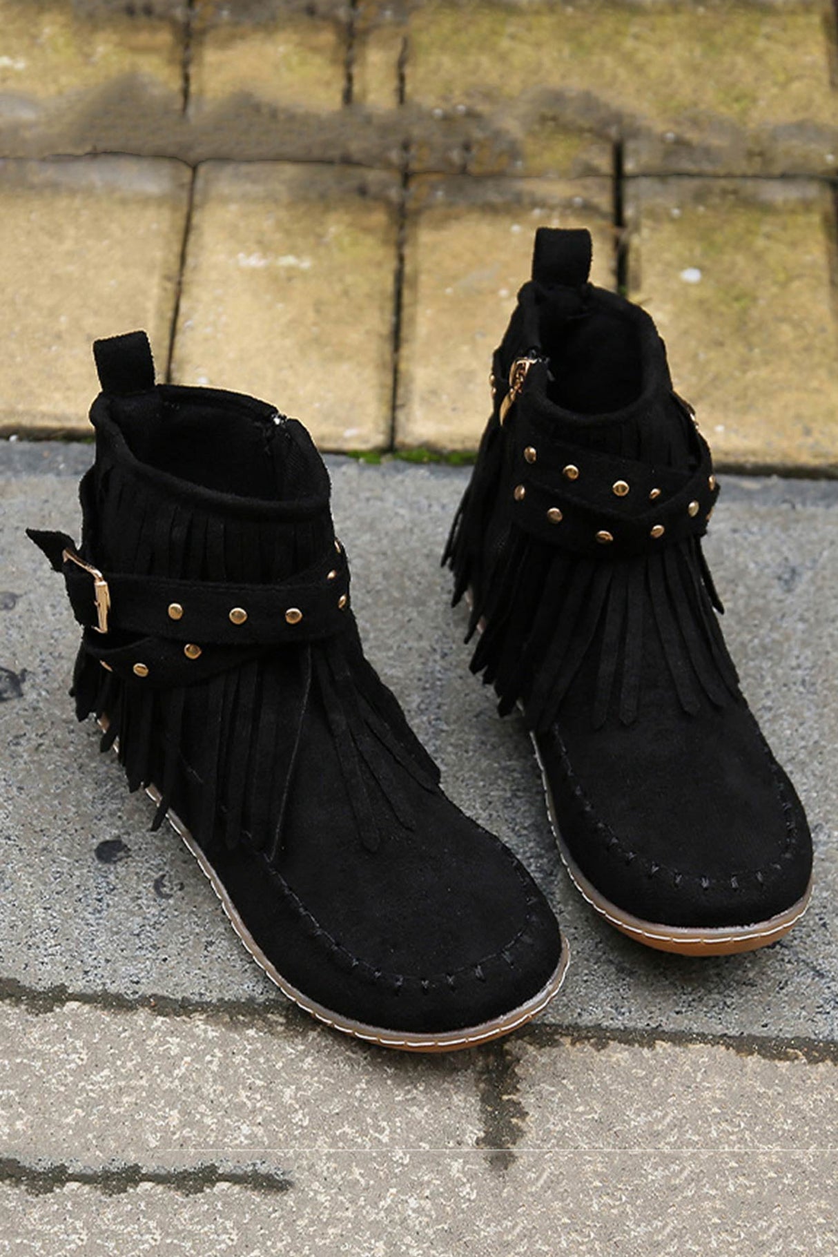 Arolora Tassel Rivet Buckle Ankle Boots
