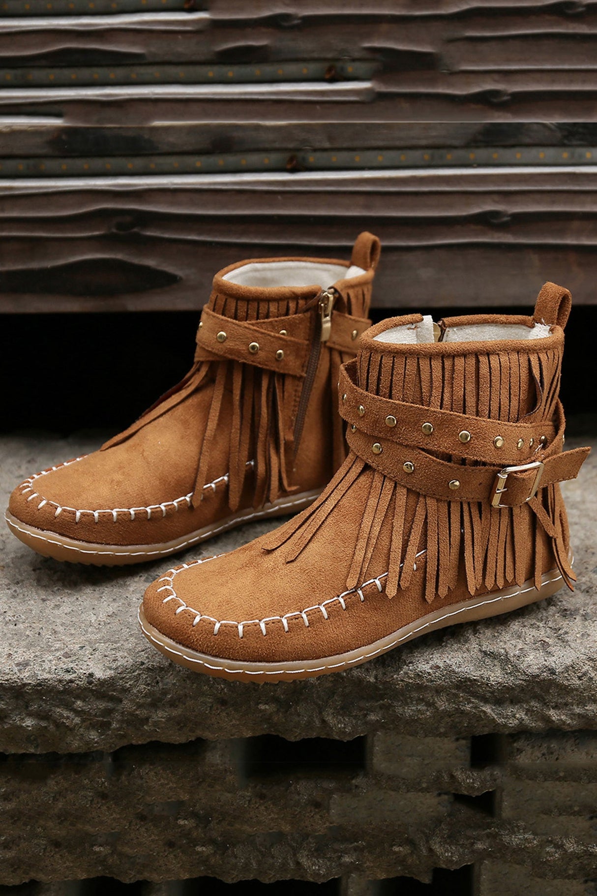 Arolora Tassel Rivet Buckle Ankle Boots