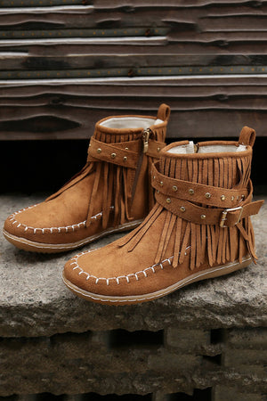 Arolora Tassel Rivet Buckle Ankle Boots