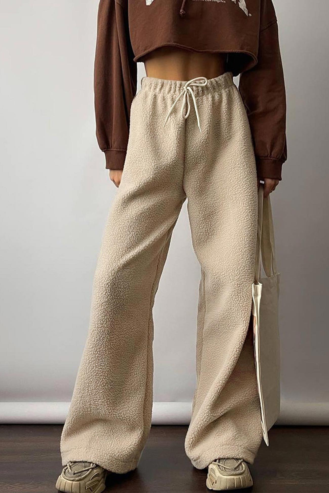 Arolora teddy-boucle-plush-wide-leg-pants