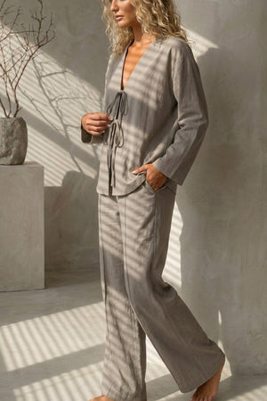Tie-front Long Sleeve Shirt Cotton Suits