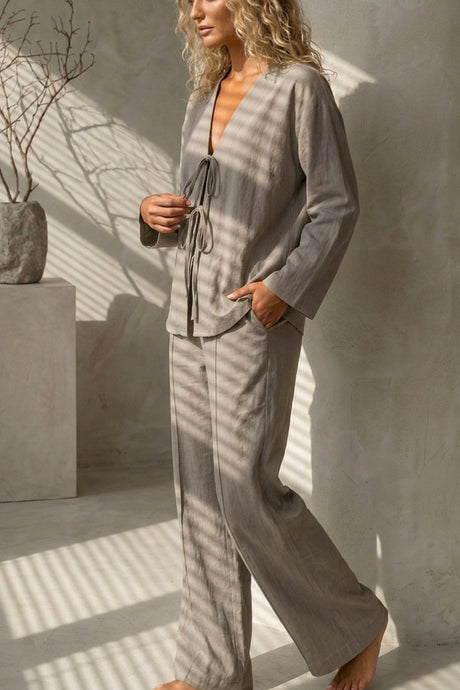 Tie-front Long Sleeve Shirt Cotton Suits