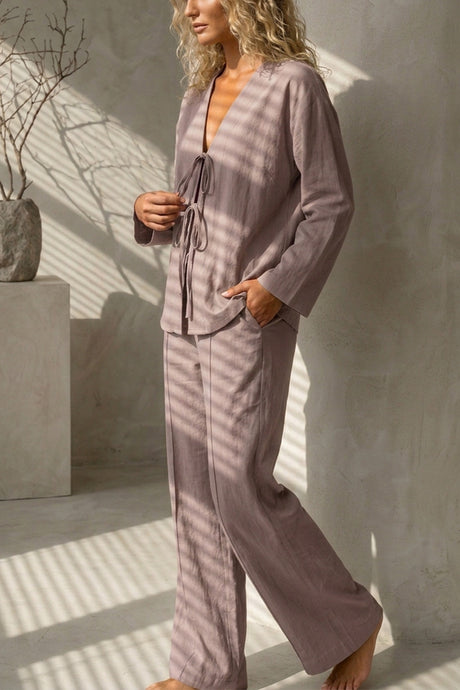 Tie-front Long Sleeve Shirt Cotton Suits