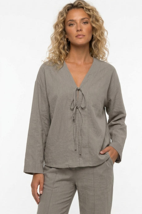 Tie-front Long Sleeve Shirt Cotton Suits