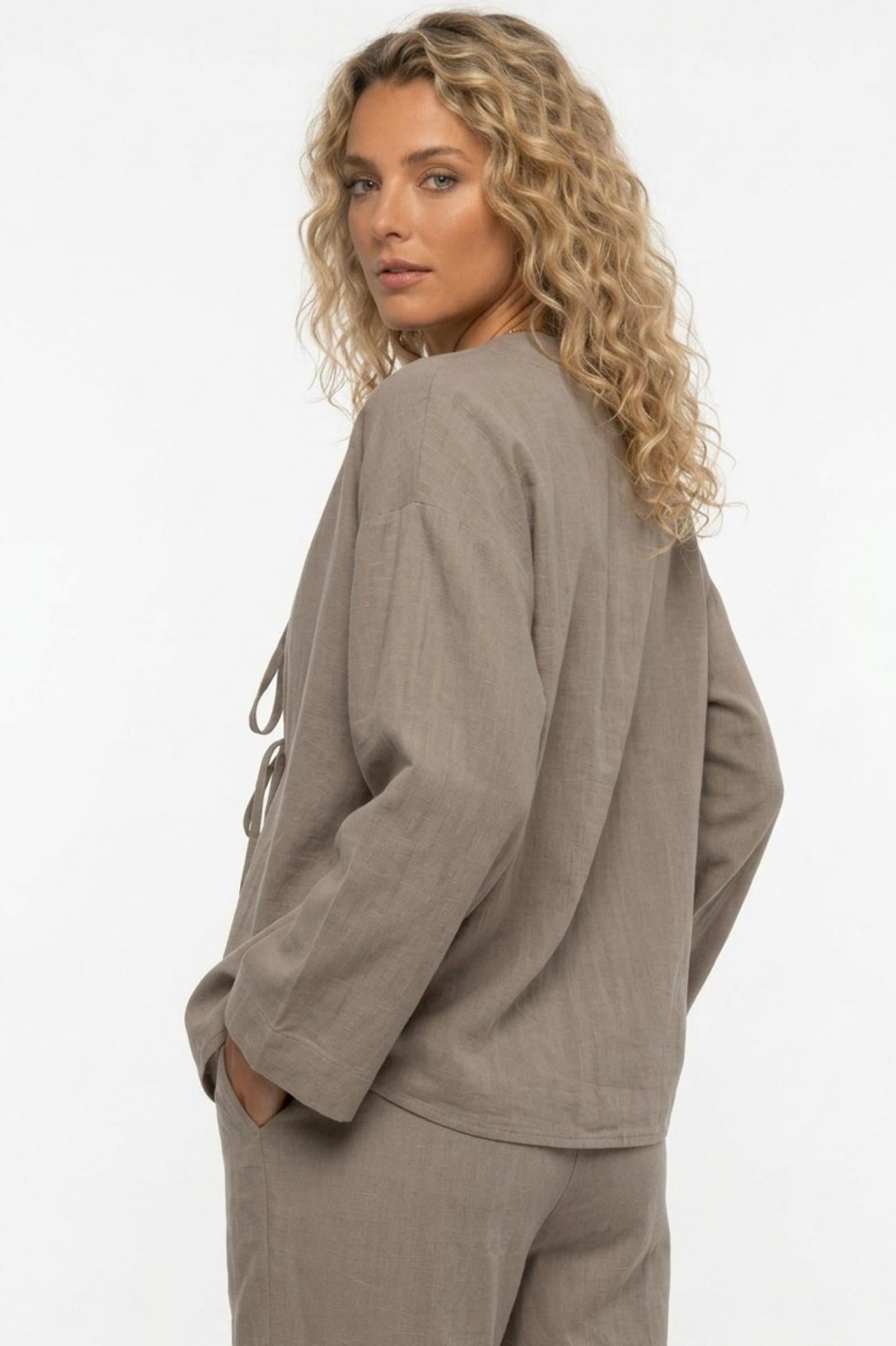 Tie-front Long Sleeve Shirt Cotton Suits