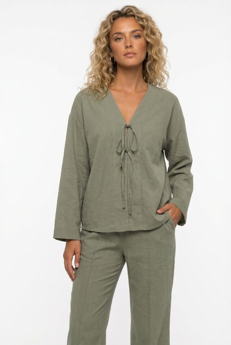 Tie-front Long Sleeve Shirt Cotton Suits